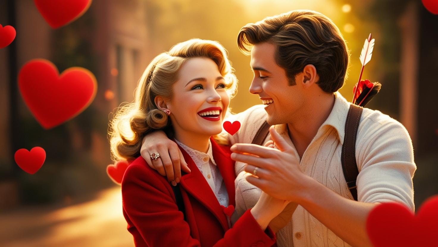 Pareja enamorada viviendo una aventura romántica como si fuera una pelicula que está sucidiendo el día de los enamorados, como si cupido los hubiera flechado que nos enseñan como encontrar el amor