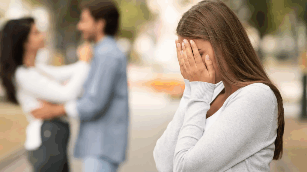 Foto de una mujer llorando mientras ve a su pareja abrazado con otra mujer